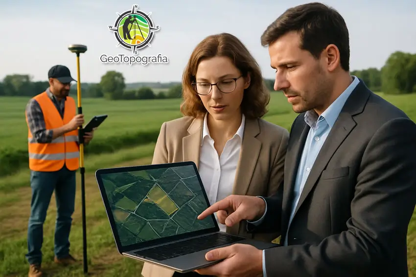 Agrimensores analisando mapa topográfico em campo