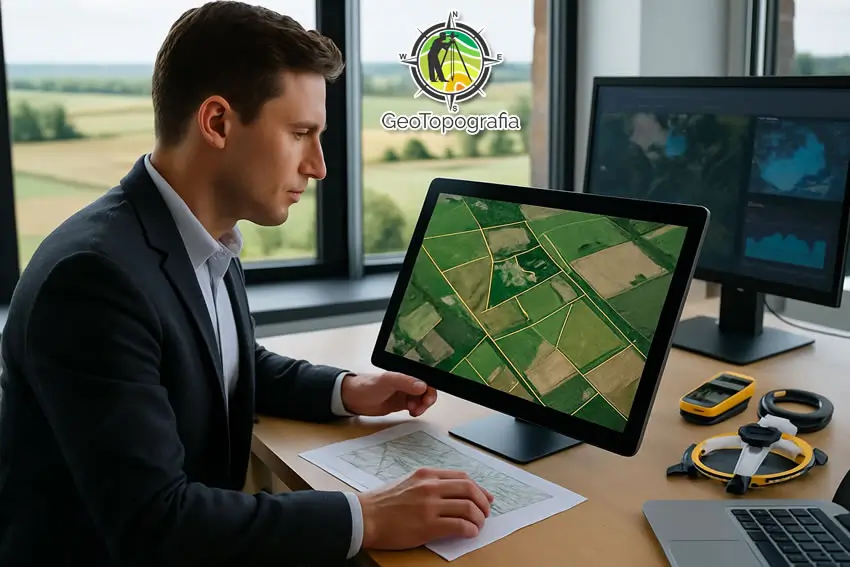 Profissional analisando mapas agrícolas digitais no escritório.