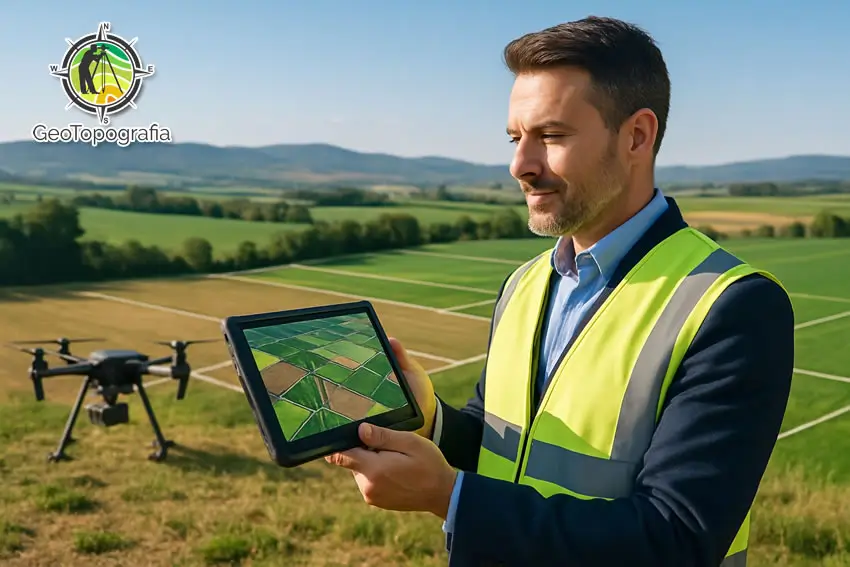 Agrimensor usando tablet em campo com drone.