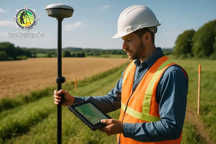 Topógrafo usando tablet em campo aberto.