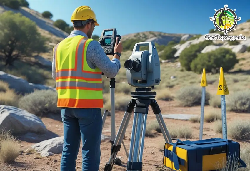 Topógrafo usando equipamento em terreno arenoso.