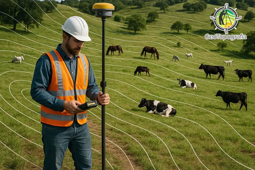 Topógrafo medindo terreno com gado no campo verde.