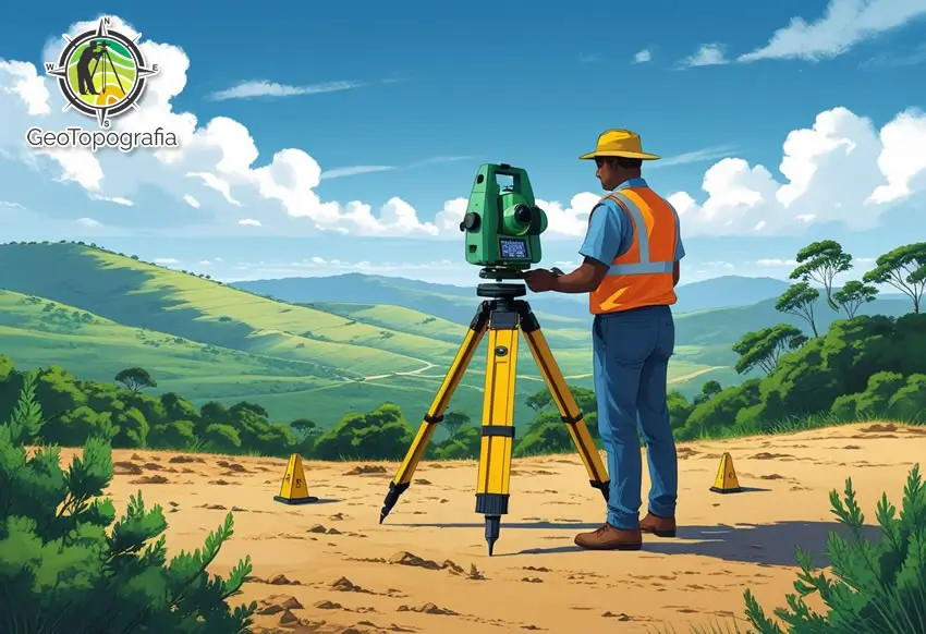 Engenheiro elevando equipamento topográfico em campo aberto.