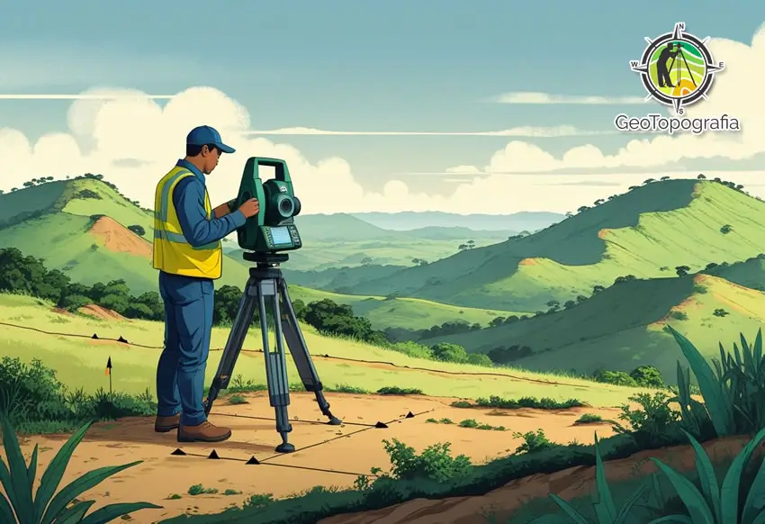 Topógrafo trabalhando em campo com equipamento moderno.