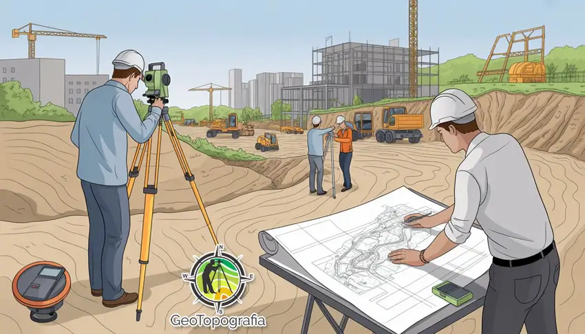 Engenheiros trabalhando em projeto de topografia em construção.