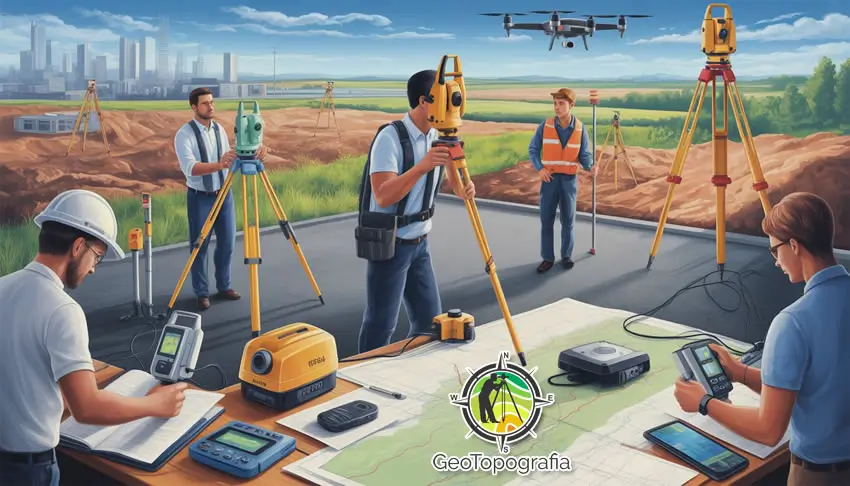 Engenheiros realizando medições topográficas com equipamentos avançados.