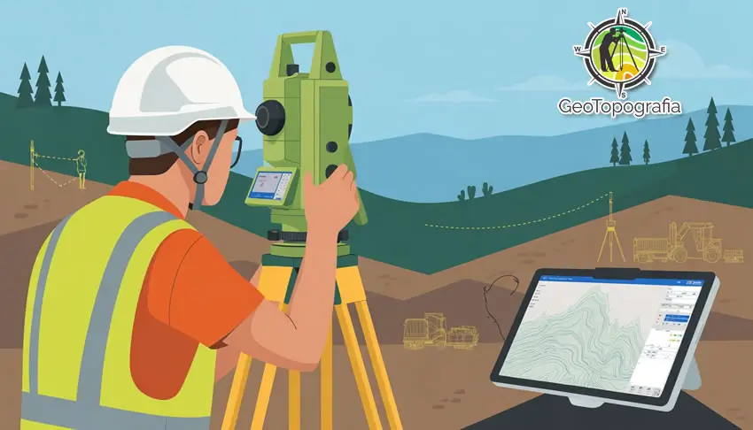 Topógrafo usando equipamento de topografia em campo.