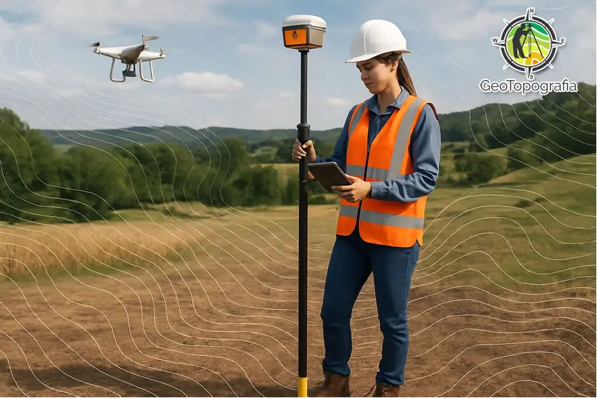 Engenheira topógrafa usando equipamento geoespacial em campo.