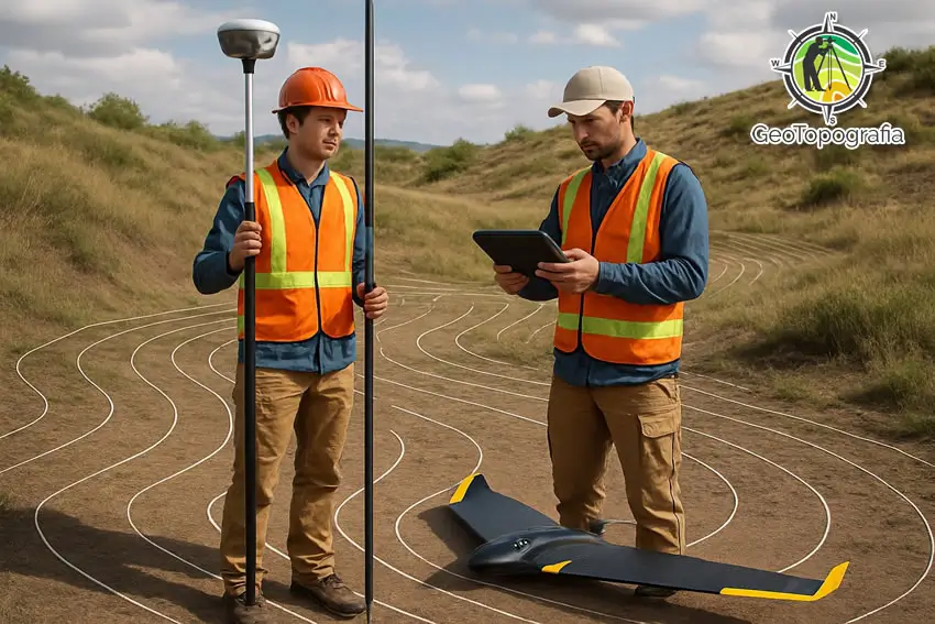 Topógrafos usando tecnologia para mapeamento de terreno.