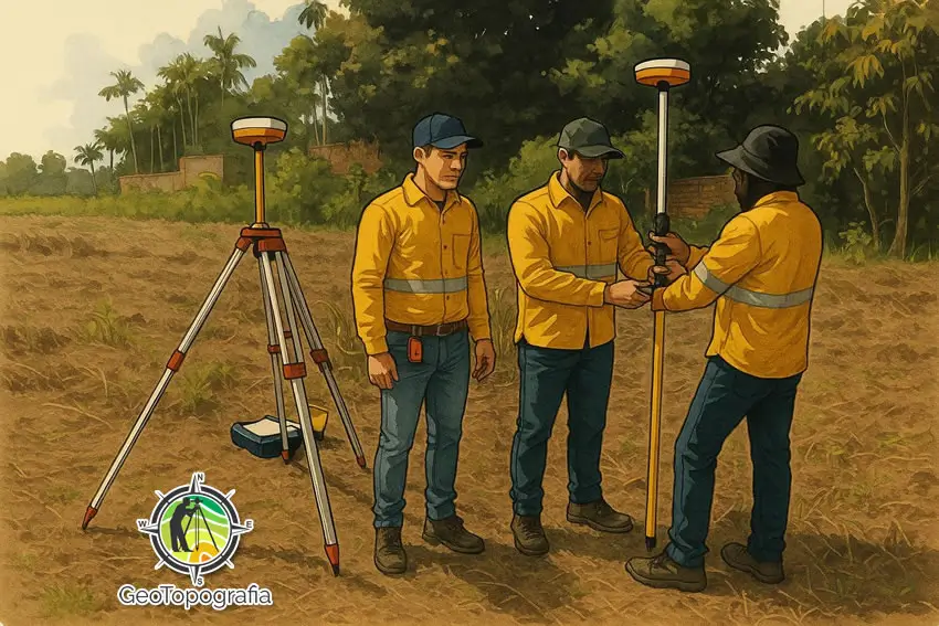 Agrimensores realizando medição topográfica no campo.