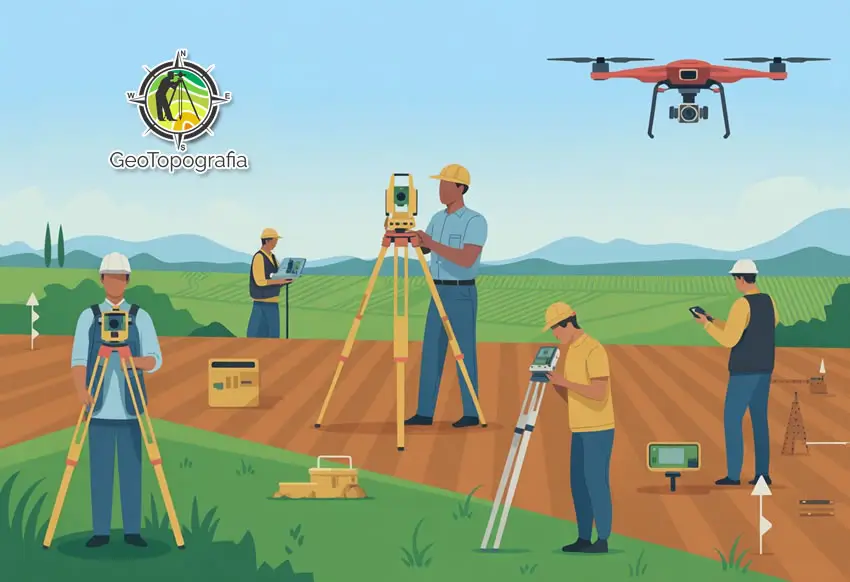Topógrafos usando equipamentos em campo de agricultura.