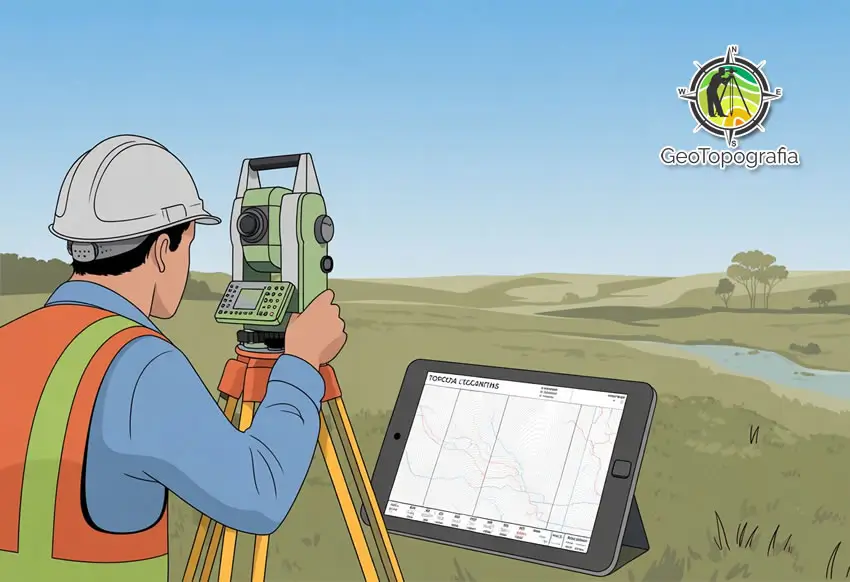 Engenheiro agrimensor usando equipamento topográfico em campo.
