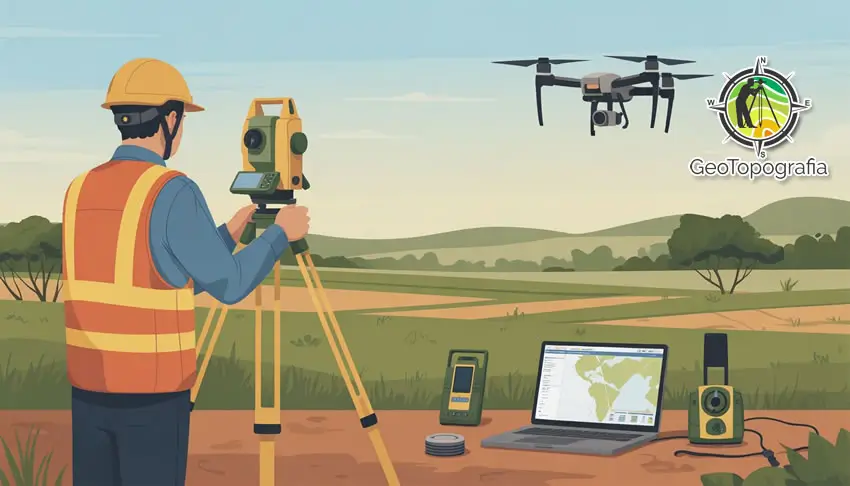 Topógrafo usando equipamentos e drone em campo aberto.