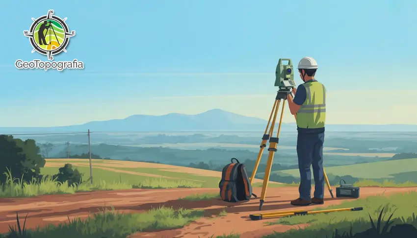 Topógrafo trabalhando em campo com paisagem ao fundo.