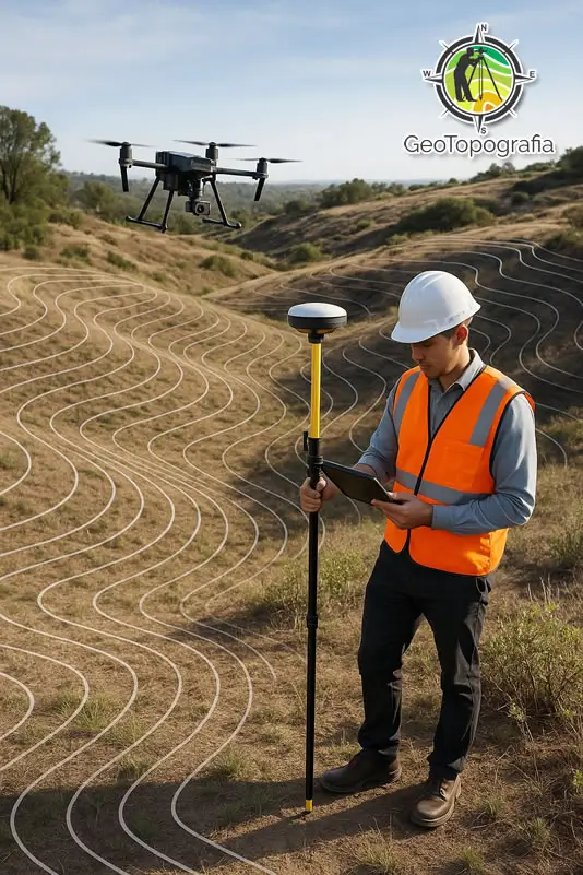 Engenheiro topográfico com drone no campo