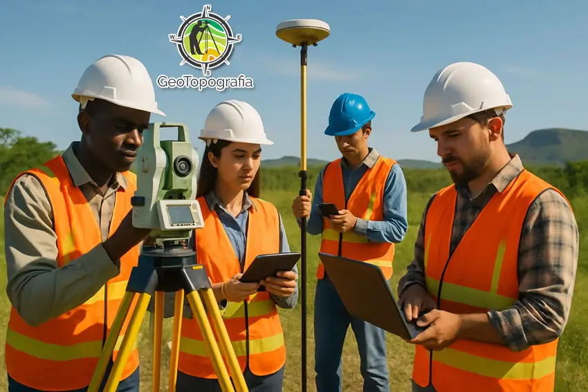 Engenheiros estudam medidas geográficas em campo aberto.