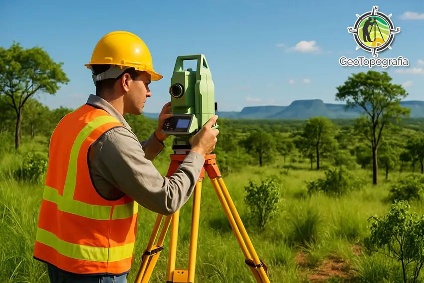 Engenheiro topógrafo usando equipamento de medição no campo.
