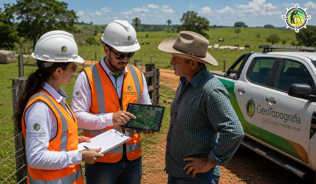 Equipe da GeoTopografia orientando produtor sobre regularização fundiária rural no Tocantins.