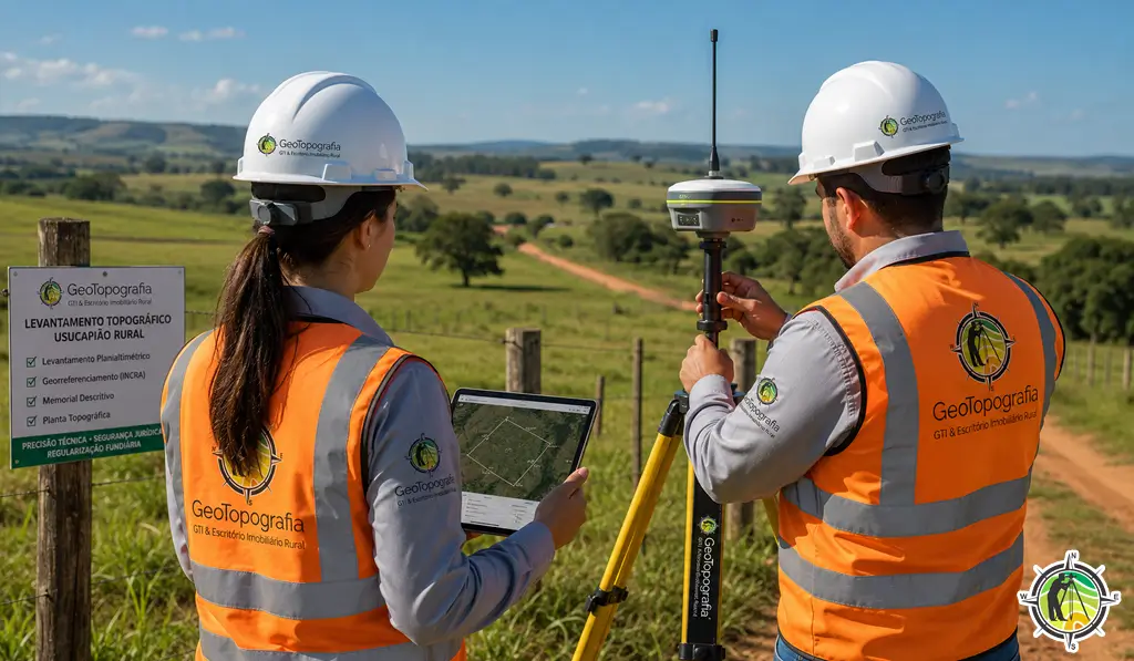 Equipe da GeoTopografia realizando laudo topográfico para usucapião rural no Tocantins.