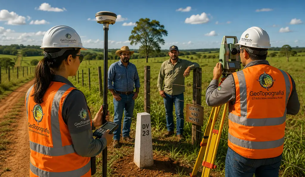 Equipe da GeoTopografia realizando levantamento topográfico para resolver conflito de divisa rural no Tocantins.