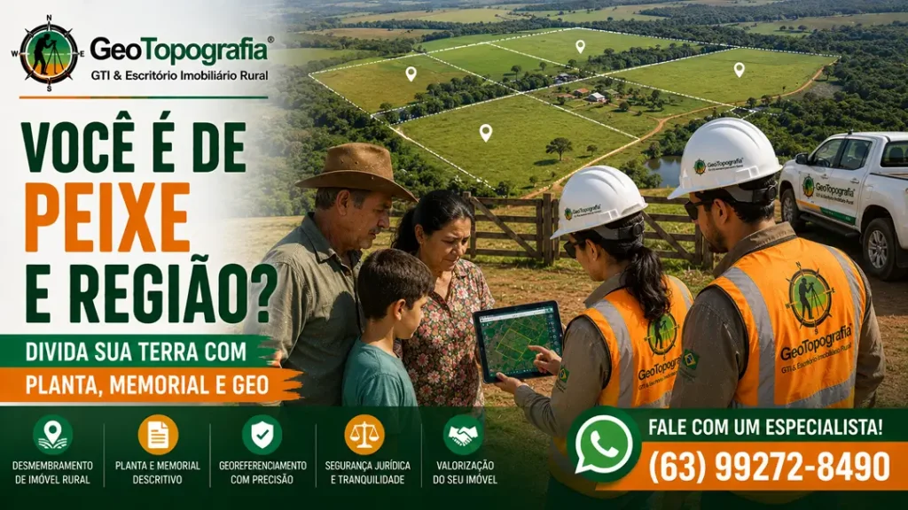 Equipe da GeoTopografia realizando desmembramento de imóvel rural em Peixe TO com planta, memorial, georreferenciamento rural, CAR, CCIR, CIB/NIRF e ITR.