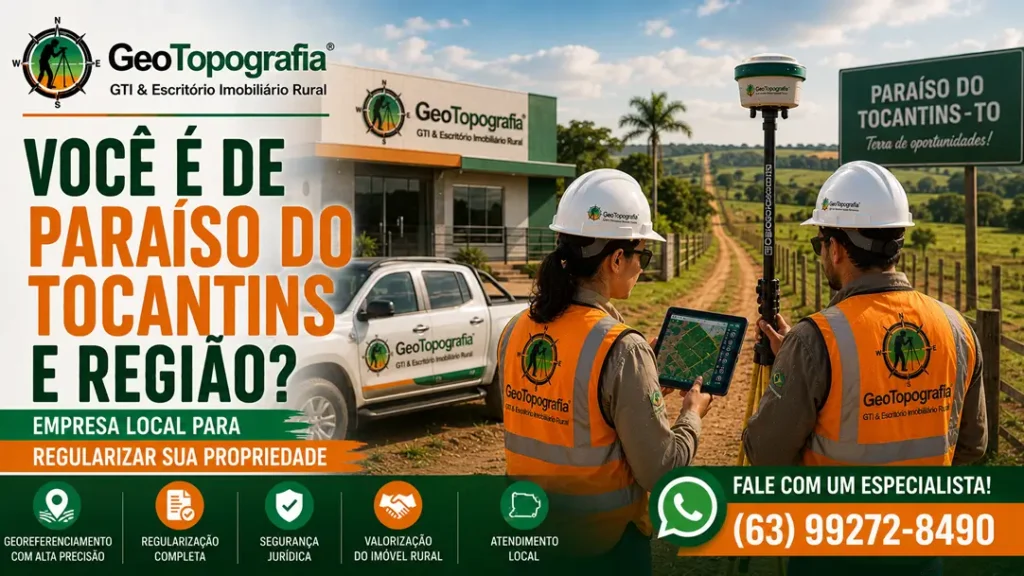 Equipe da GeoTopografia realizando georreferenciamento rural em Paraíso do Tocantins TO com GNSS RTK, planta, memorial, CAR, CCIR, CIB/NIRF e ITR.