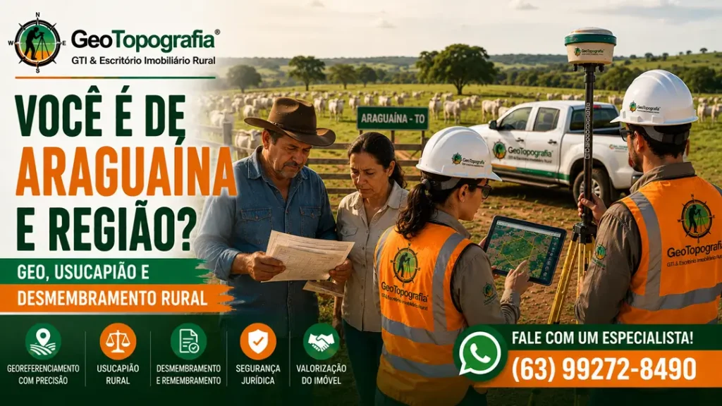 Equipe da GeoTopografia realizando regularização fundiária rural em Araguaína TO com GEO, planta, memorial e documentos rurais.