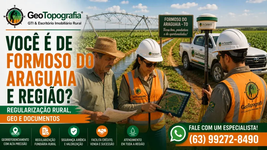 Equipe da GeoTopografia realizando regularização rural em fazenda irrigada em Formoso do Araguaia TO com GEO, outorga, CAR, CCIR, CIB/NIRF, ITR, planta e memorial.