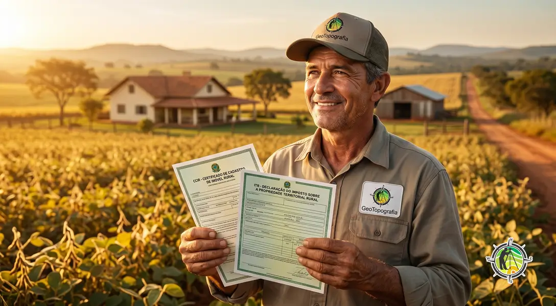 Produtor rural no Tocantins segurando documentos CCIR e ITR para regularização e acesso ao financiamento rural