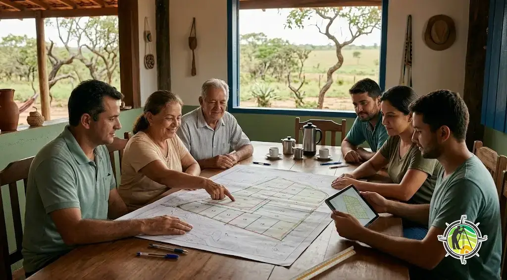 Família de herdeiros reunida observando o mapa de desmembramento de uma fazenda de herança no Tocantins com lotes individualizados