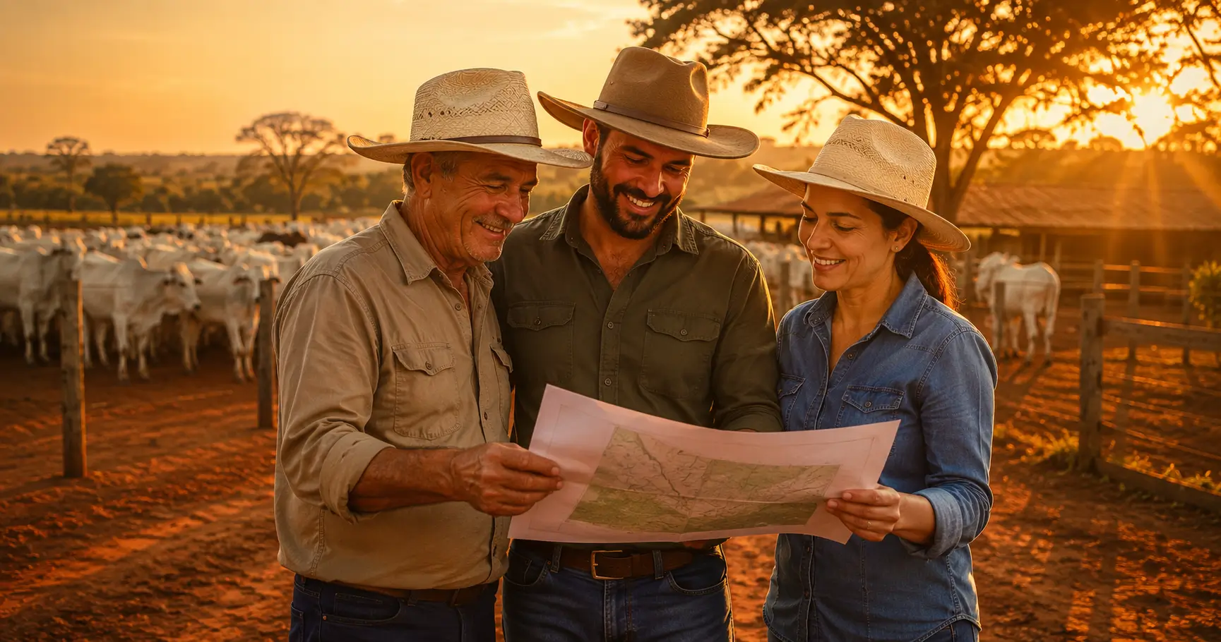 Desmembramento de Fazenda no Tocantins | GeoTopografia Família rural analisando mapa para desmembramento de fazenda no Tocantins