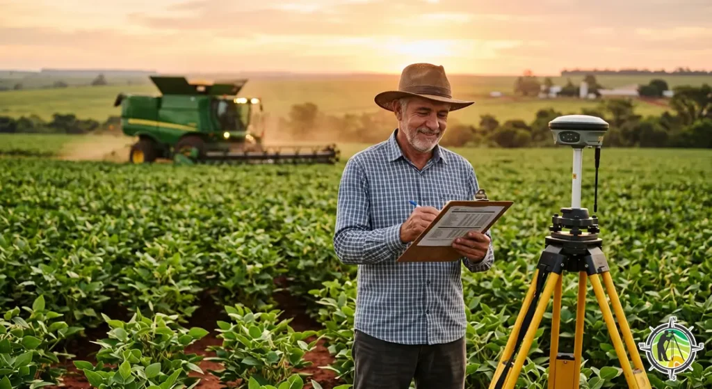 Produtor rural no Tocantins analisando documentos de financiamento ao lado de equipamento de georreferenciamento GNSS RTK, com lavoura de soja ao fundo