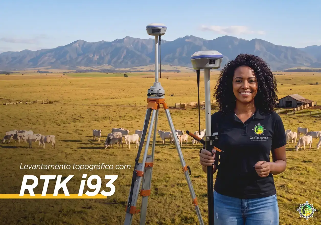 Agrimensora com receptor GNSS RTK em área rural