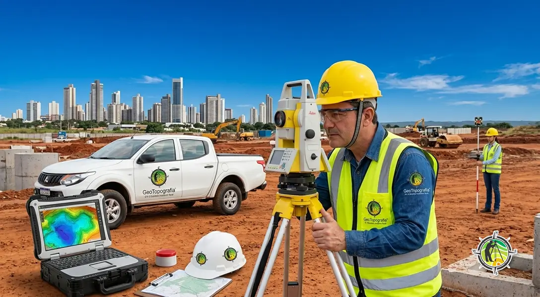 Topógrafos com estação total realizando levantamento planialtimétrico em Palmas/TO