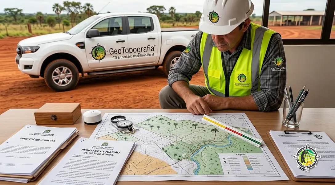 Mapa topográfico e planta de imóvel rural sobre mesa com documentos de inventário e usucapião no Tocantins
