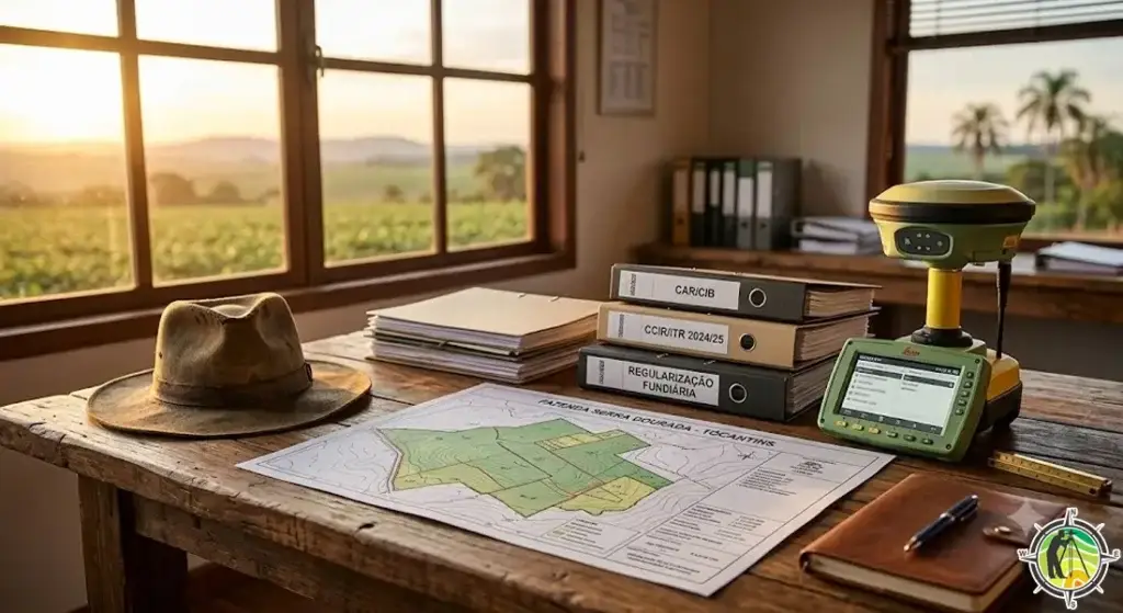 Documentos de regularização fundiária rural (GEO, CAR, CCIR, CIB e ITR) organizados sobre mapa de propriedade rural no Tocantins com equipamento de topografia