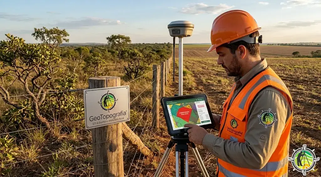 Técnico da GeoTopografia medindo divisa de propriedade rural com GNSS RTK no Tocantins para retificação de área e análise de sobreposição