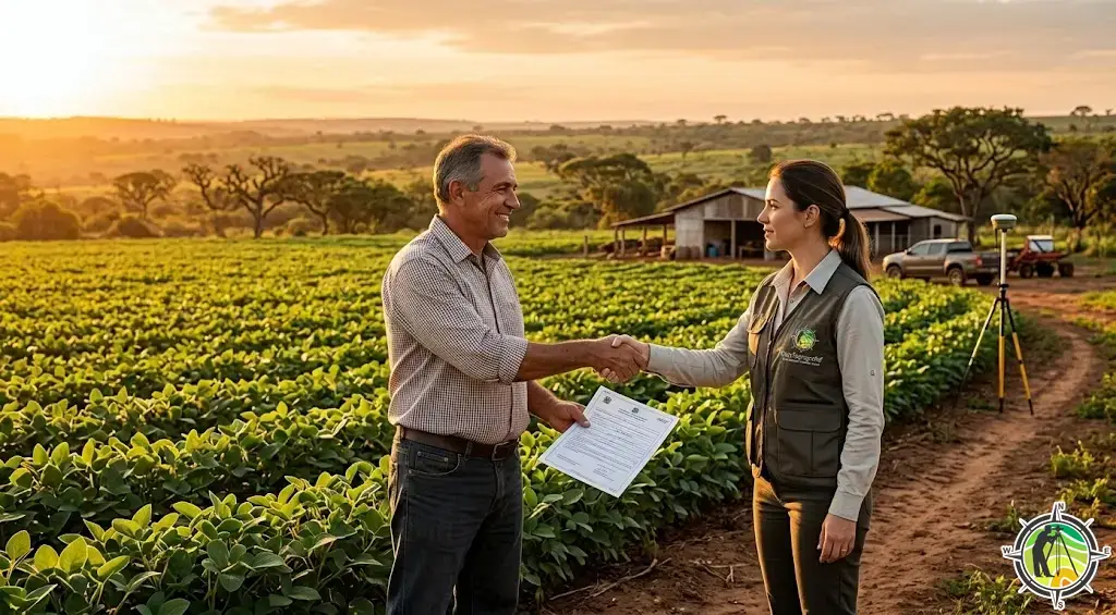 Investidor rural recebendo a matrícula regularizada de uma fazenda no Tocantins após usucapião, com lavoura produtiva ao fundo