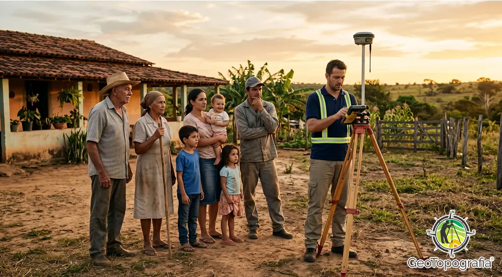 Família rural do interior do Tocantins ao lado de agrimensor realizando levantamento topográfico da posse para processo de usucapião