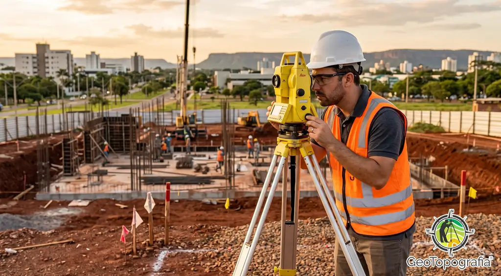Engenheiro topógrafo operando Estação Total para levantamento planialtimétrico cadastral em obra de engenharia civil em Palmas