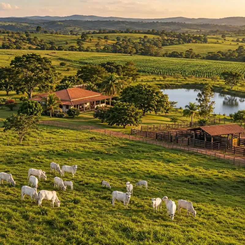 Sede de fazenda com gado nelore no pasto