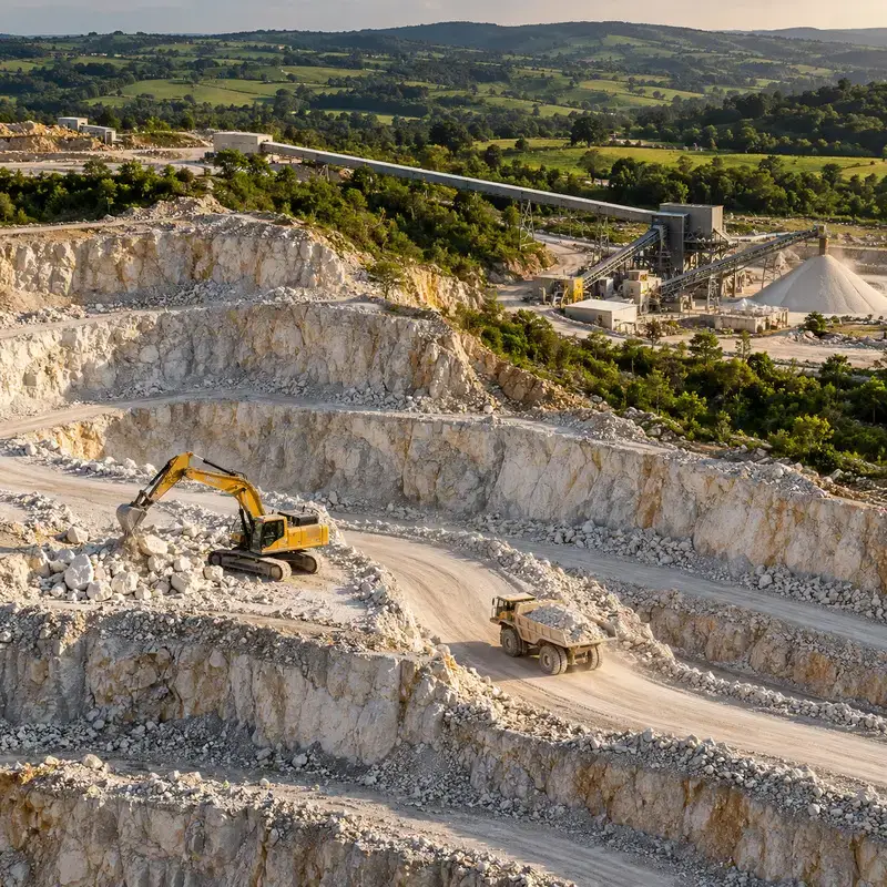 Mineração a céu aberto com escavadeira e caminhão