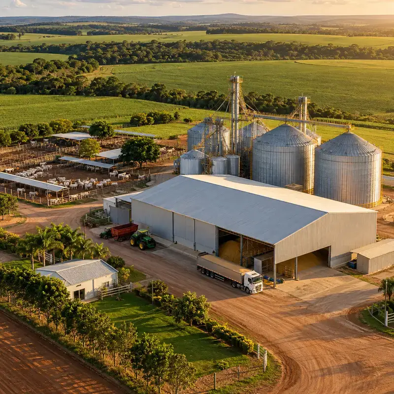 Silos, armazém e confinamento em fazenda