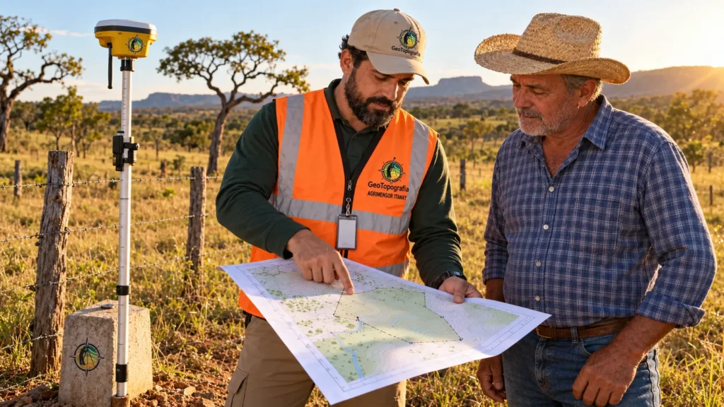 Agrimensor no Tocantins com receptor GNSS RTK explica a planta da fazenda a produtor rural na cerca do cerrado.
