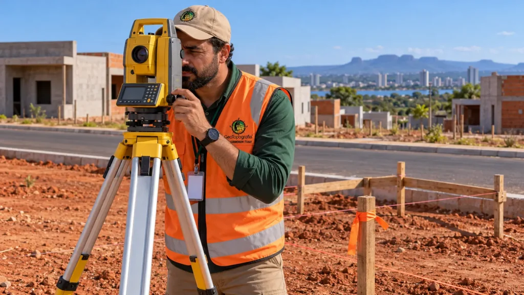 Agrimensor da GeoTopografia opera estação total em lote urbano, serviço de topógrafo em Tocantins para projeto de construção.