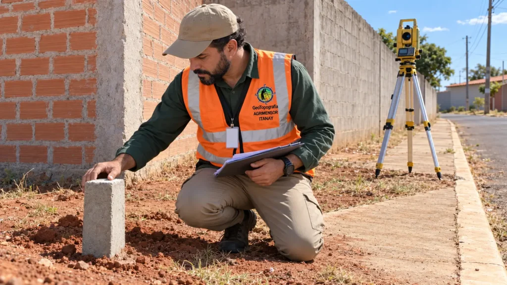 Agrimensor faz demarcação de terreno com estação total e marco de concreto para conferir se o lote tem a medida da escritura.
