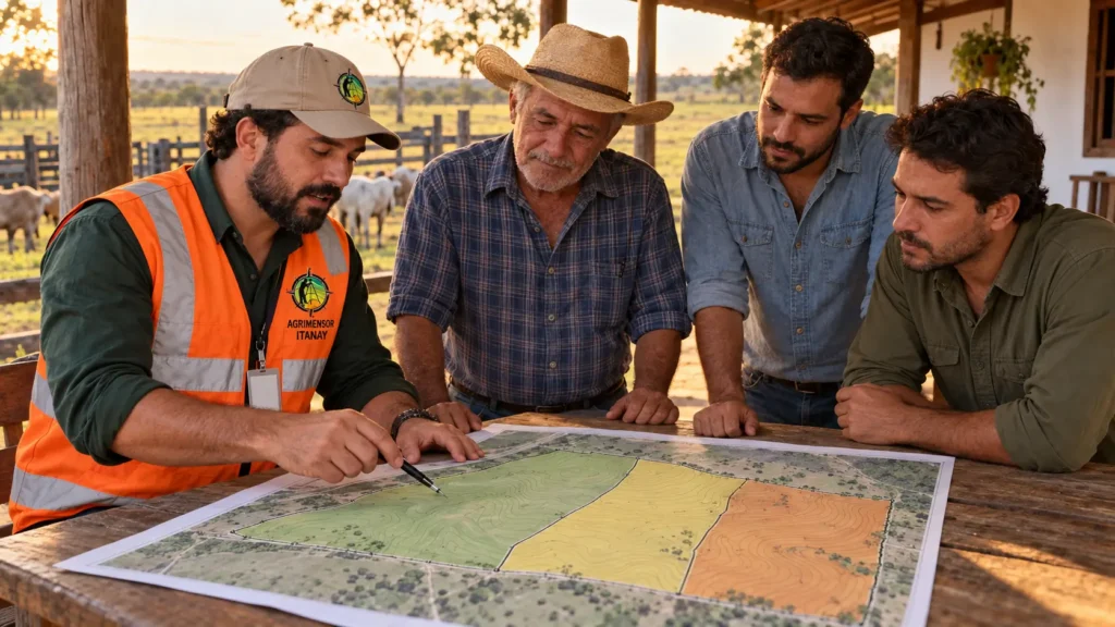 Agrimensor mostrando a família um mapa com a divisão de fazenda em lotes no norte de Goiás