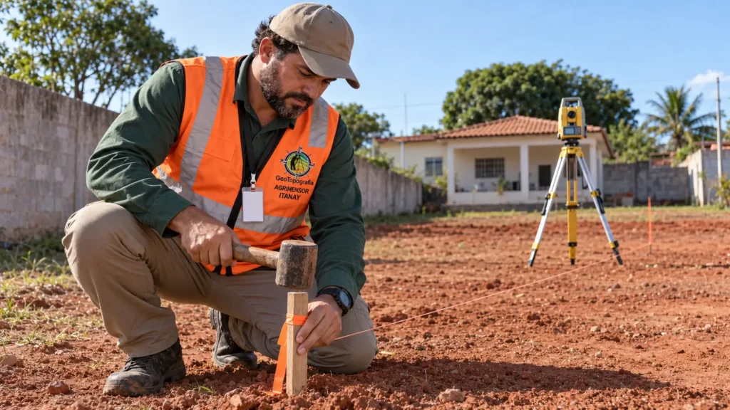 Agrimensor marca com piquete a linha de desmembramento de lote em terreno urbano de Gurupi, com estação total ao fundo.