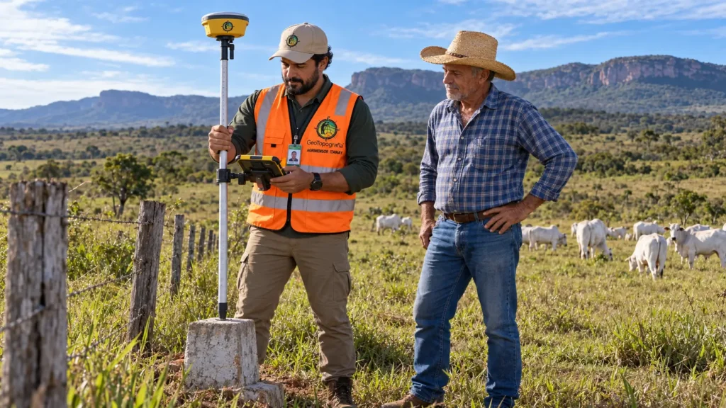 Agrimensor fazendo georreferenciamento com GNSS RTK em fazenda de gado em Porangatu, Goiás