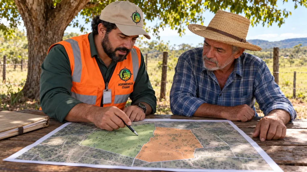 Agrimensor explicando a produtor rural no mapa se a terra é regularizada pelo INCRA ou pelo Itertins no Tocantins.
